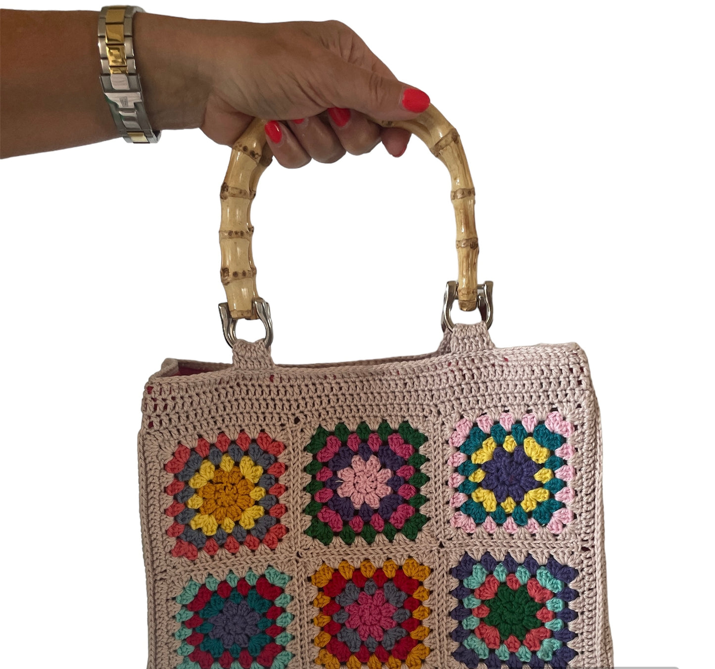 Gehaakte Granny Square Tas - Kleurrijk met als basis Oatmeal