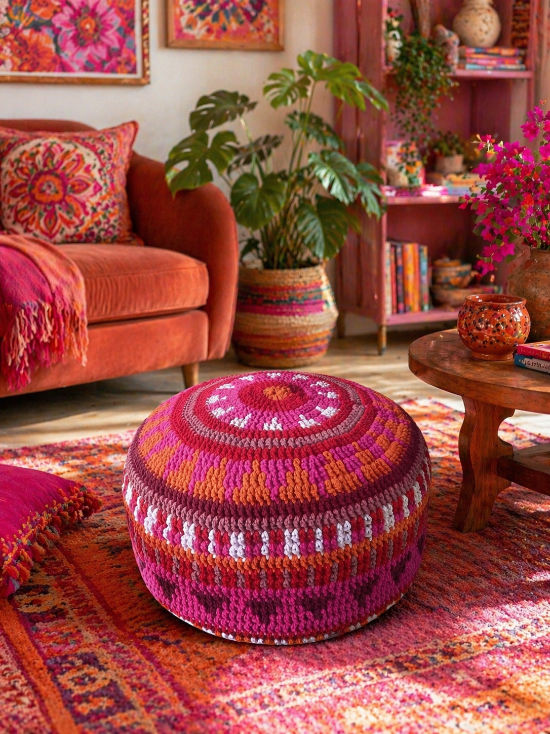 Gehaakte Bohemian Poef - Rood roze
