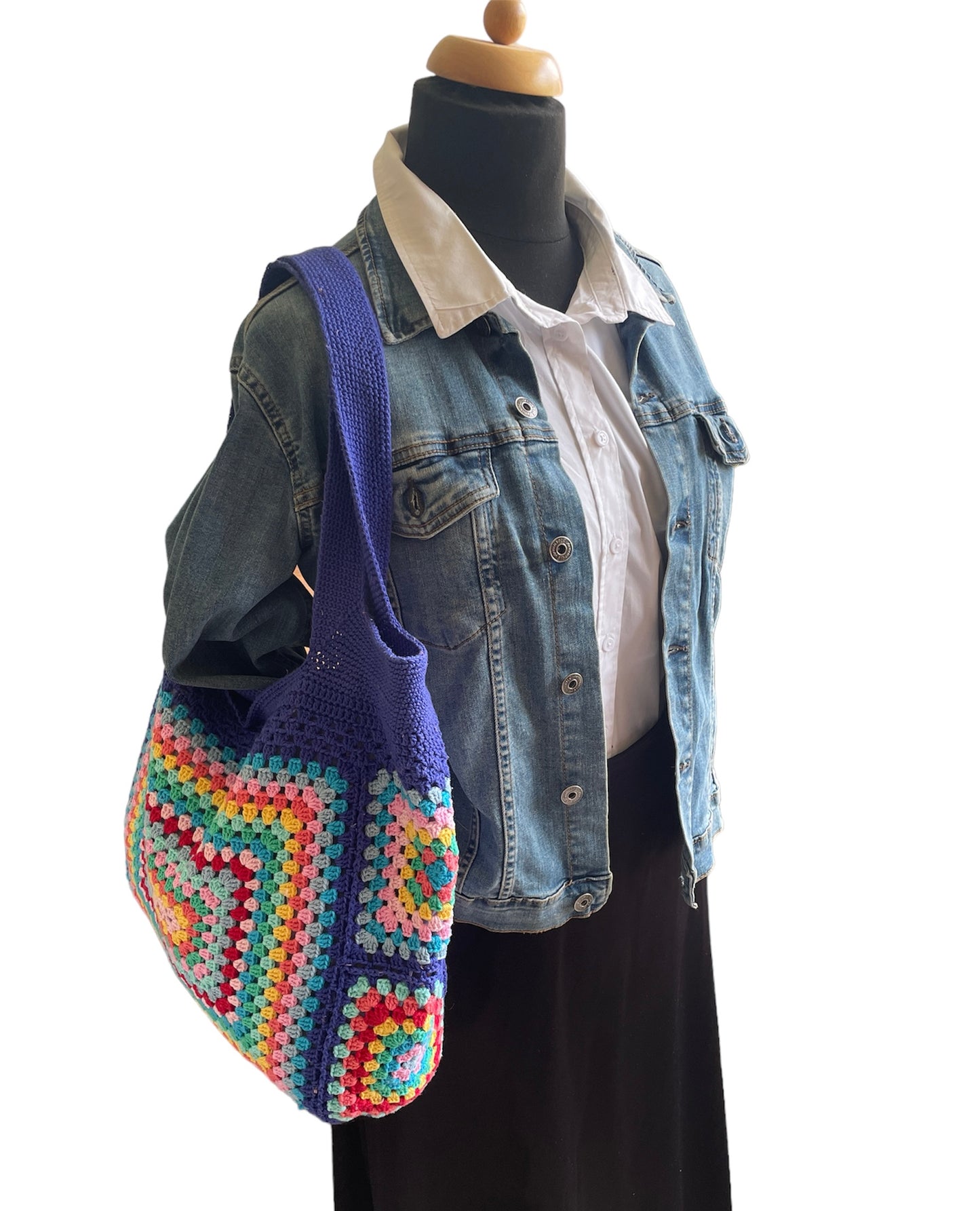 Set van gehaakte schoudertas granny squares met bijpassend gehaakt make-up tasje - Donkerpaars