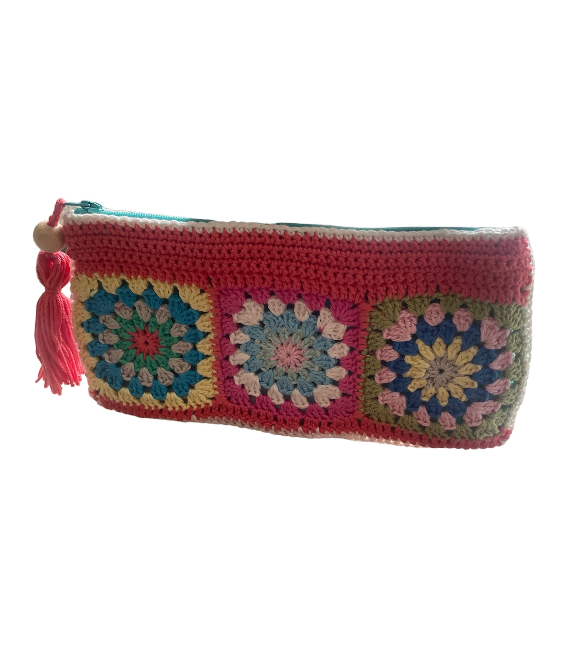 Gehaakt Make-up tasje granny squares koraal