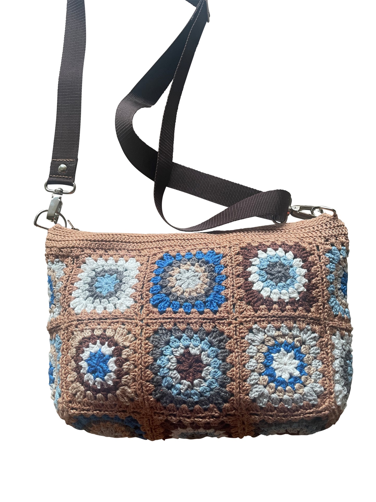 Gehaakte Crossbody Bag van granny Squares - Kleurrijk met de kleur fawn als basis