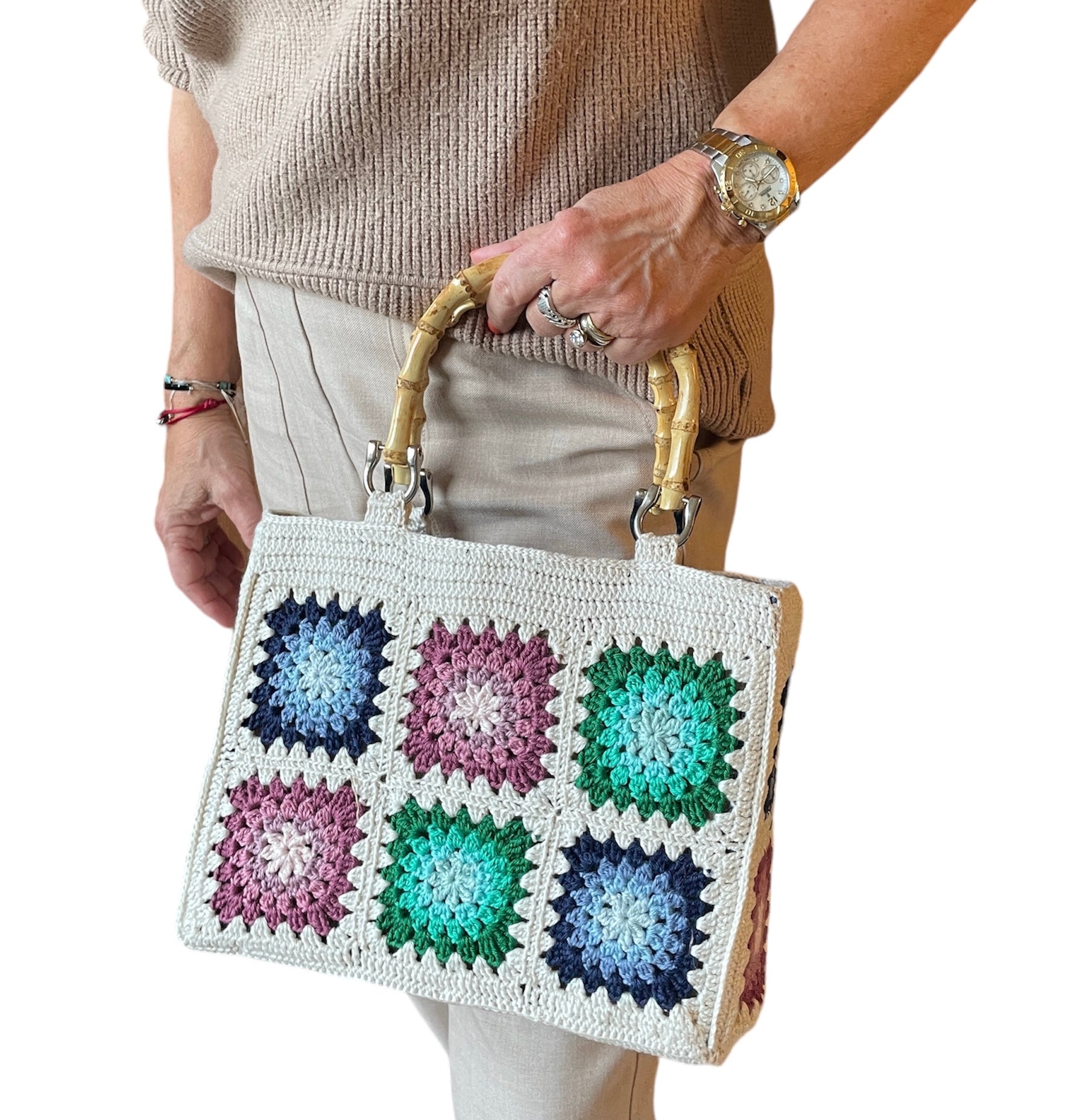 Gehaakte Granny Squares Tas met ster - Basis ecru