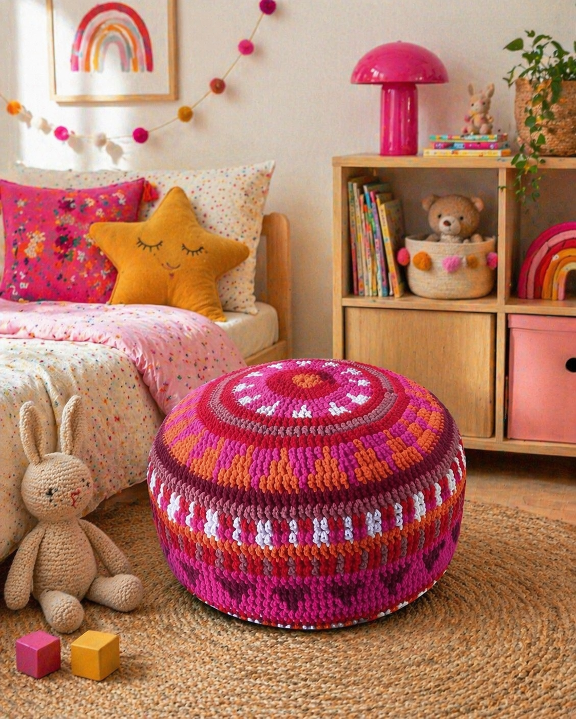 Gehaakte Bohemian Poef - Rood roze