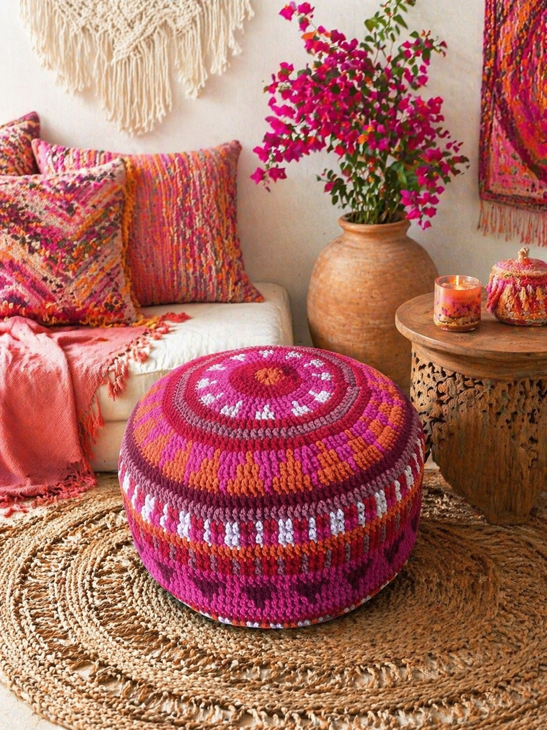 Gehaakte Bohemian Poef - Rood roze