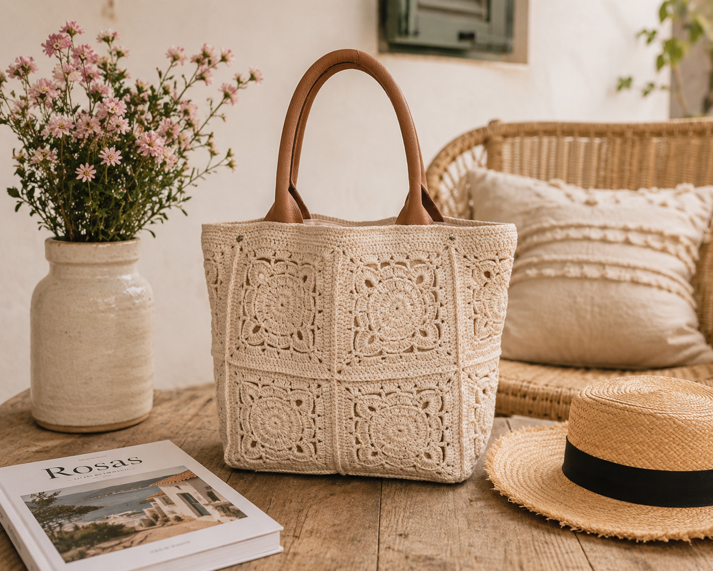 Gehaakte handtas granny squares peach