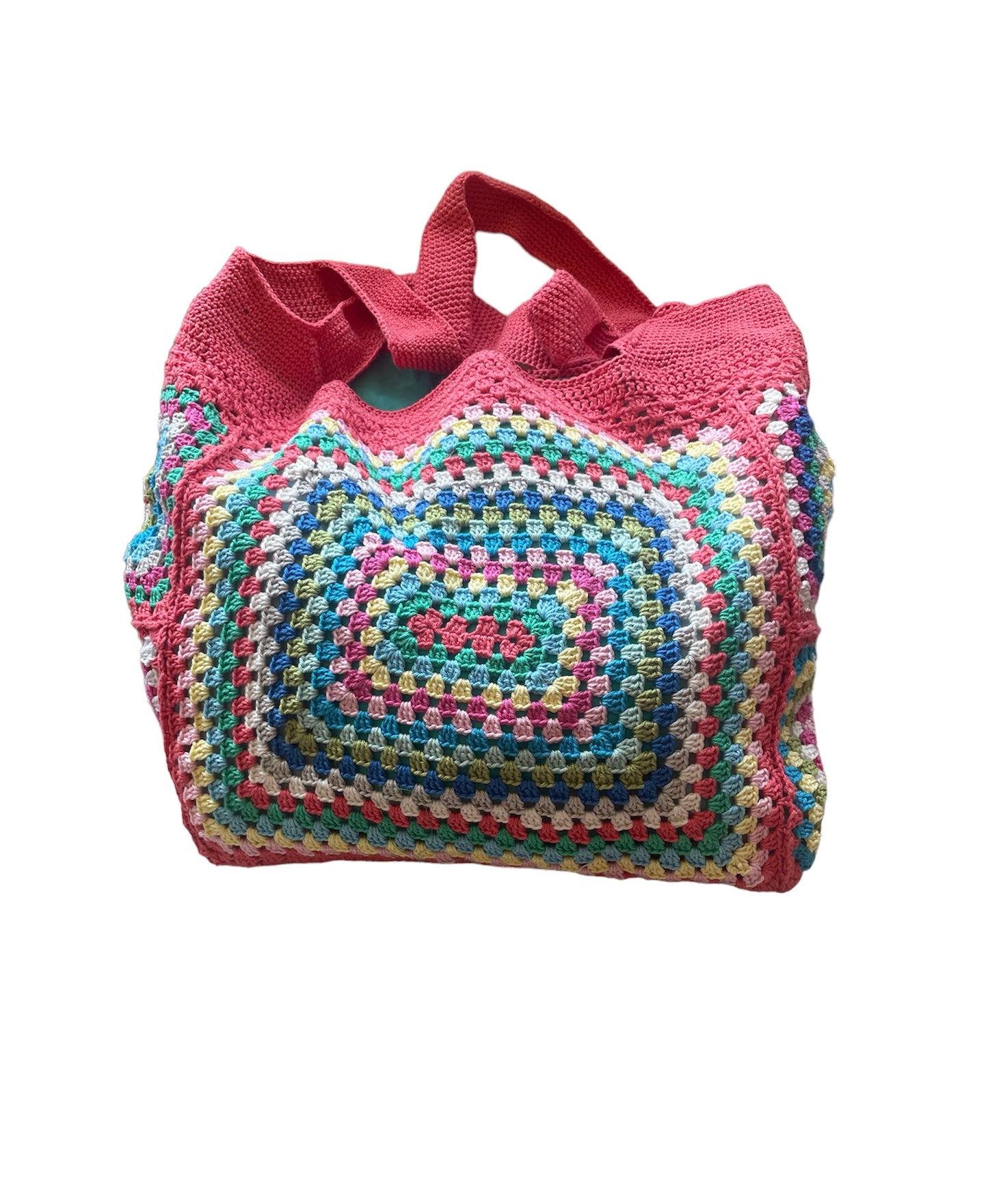 Gehaakte schoudertas granny squares met bijpassend make-up tasje koraal
