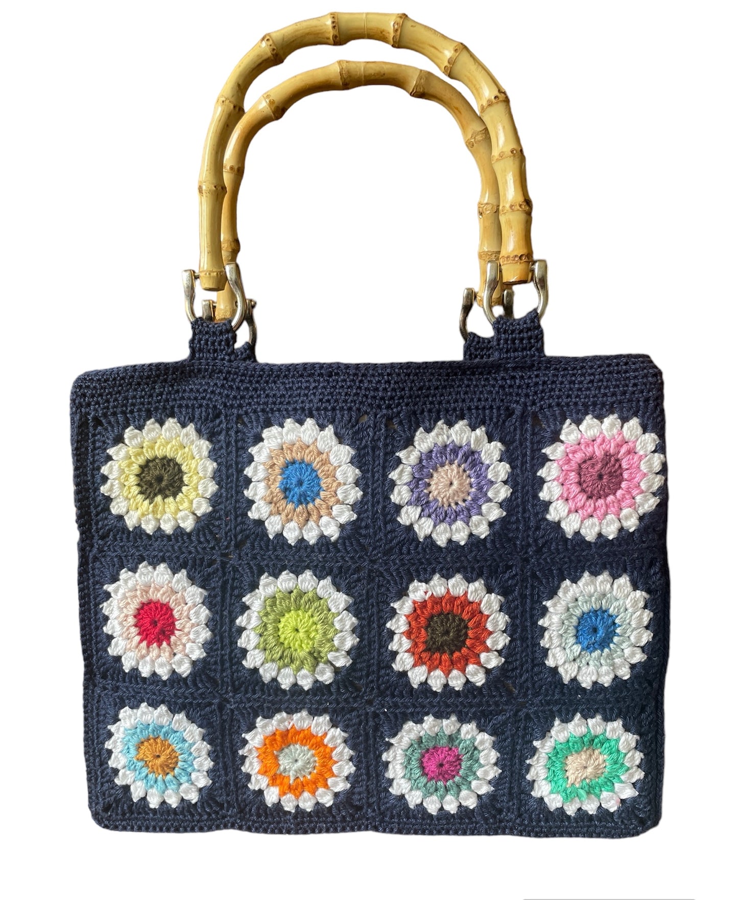 Gehaakte granny squares tas donkerblauw met bloem