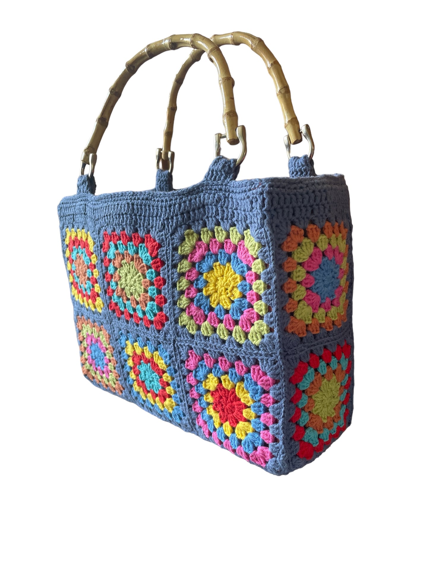 Gehaakte granny squares handtas oudblauw met bamboe handvat