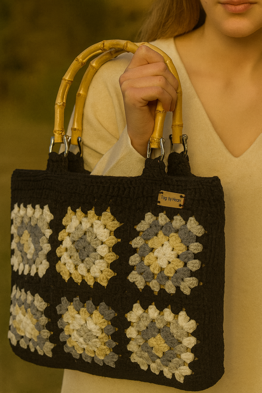 Gehaakte Granny Squares Handtas - Zwart met neutrale beige-grijs tinten