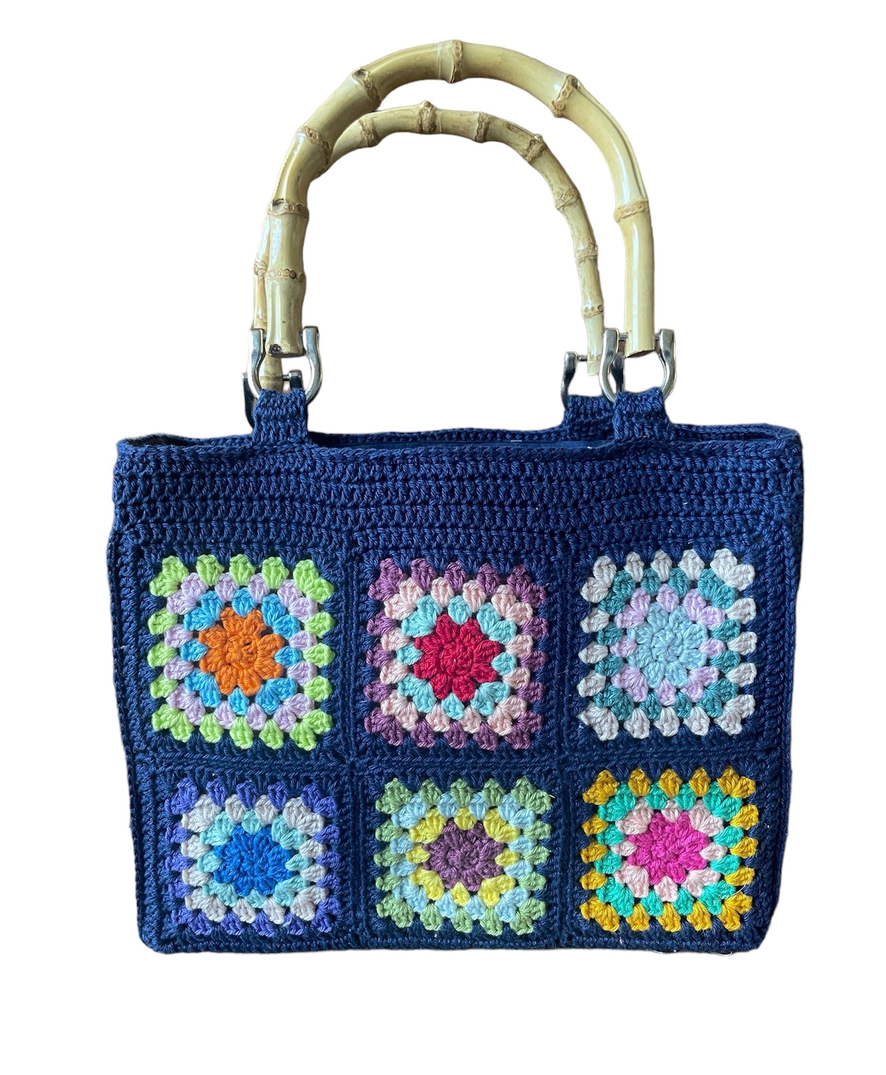 Gehaakte granny squares tas donkerblauw met vrolijke kleuren