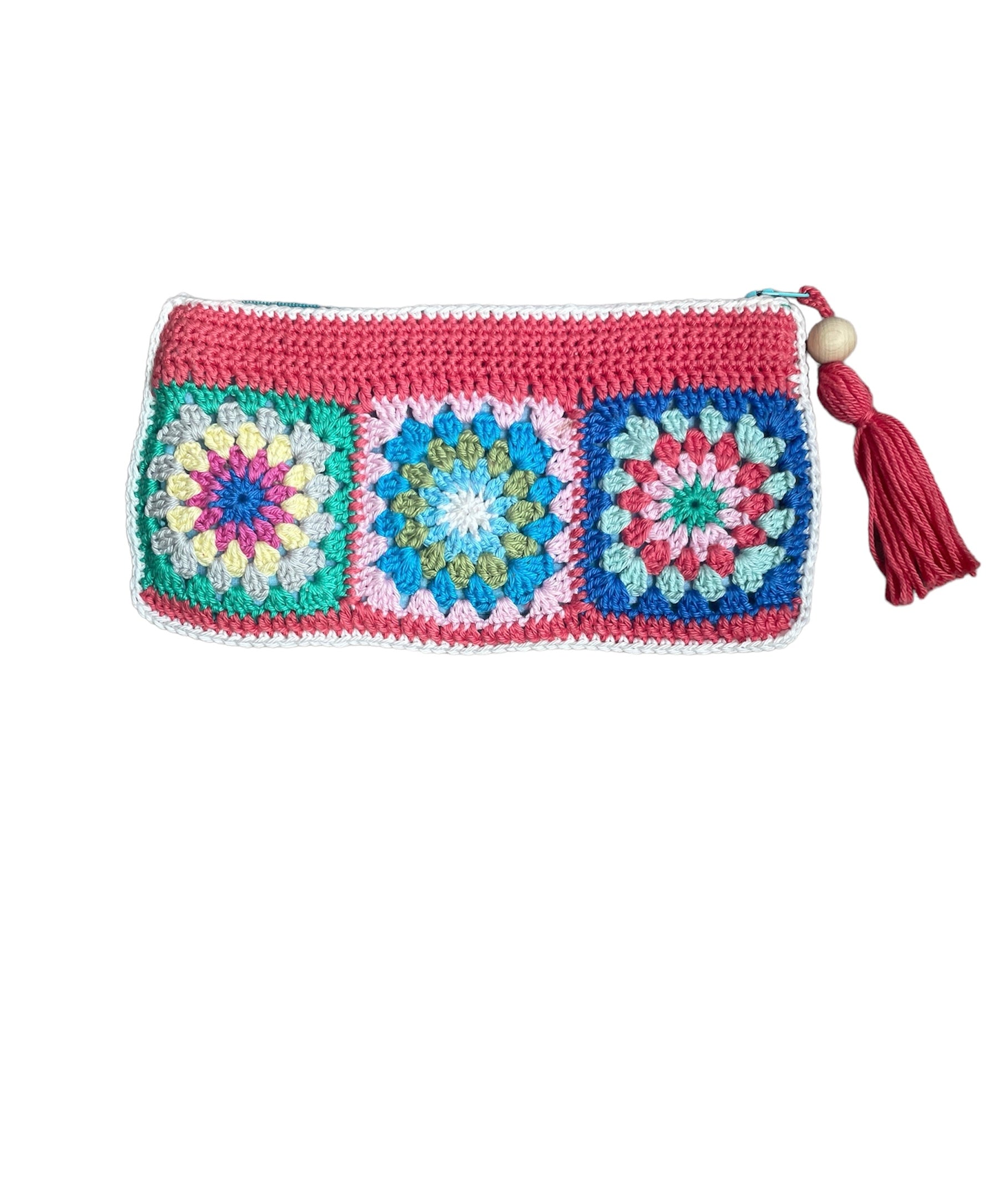 Gehaakte schoudertas granny squares met bijpassend make-up tasje koraal