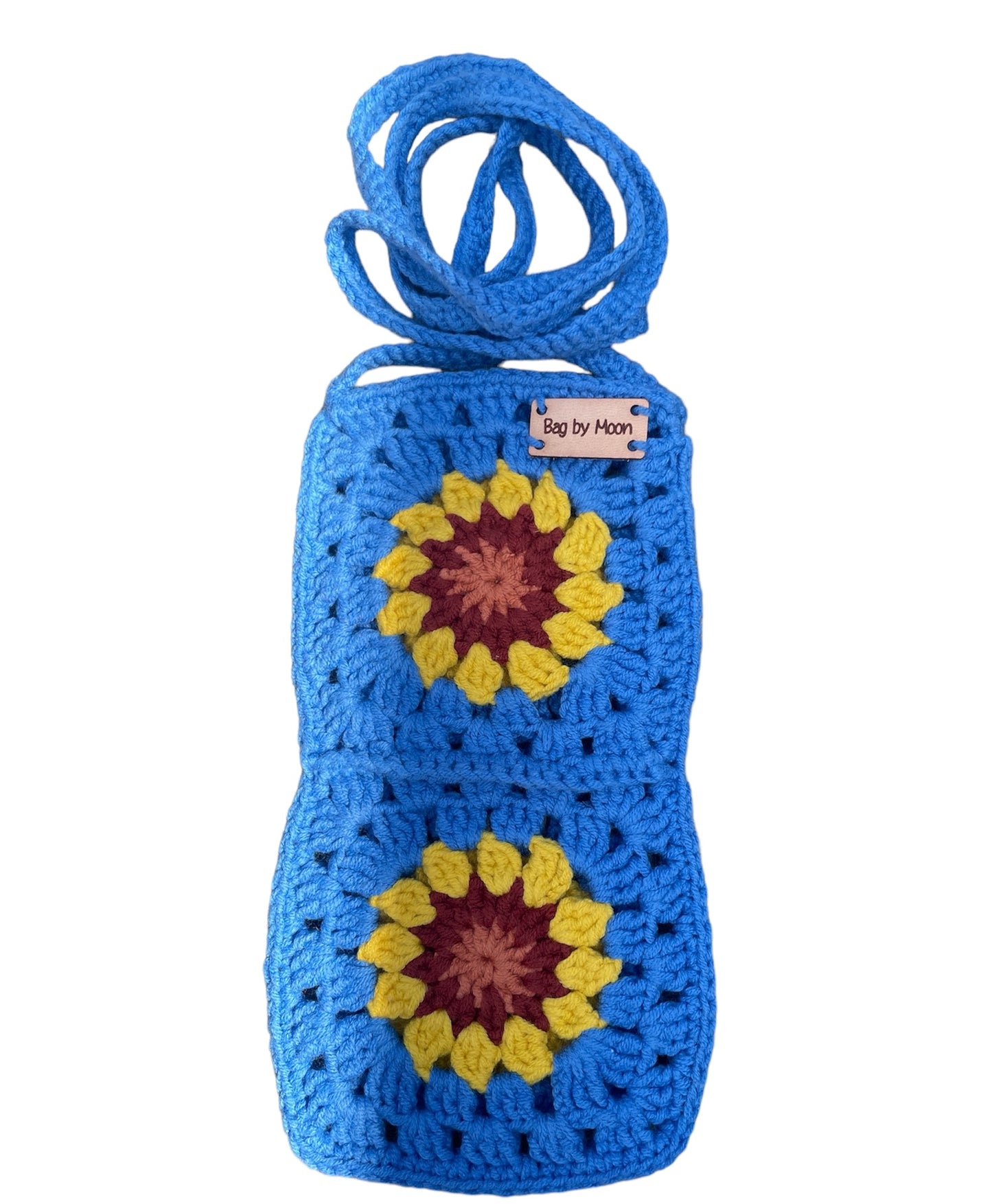 Gehaakt telefoonhoedje van granny squares kobalt blauw